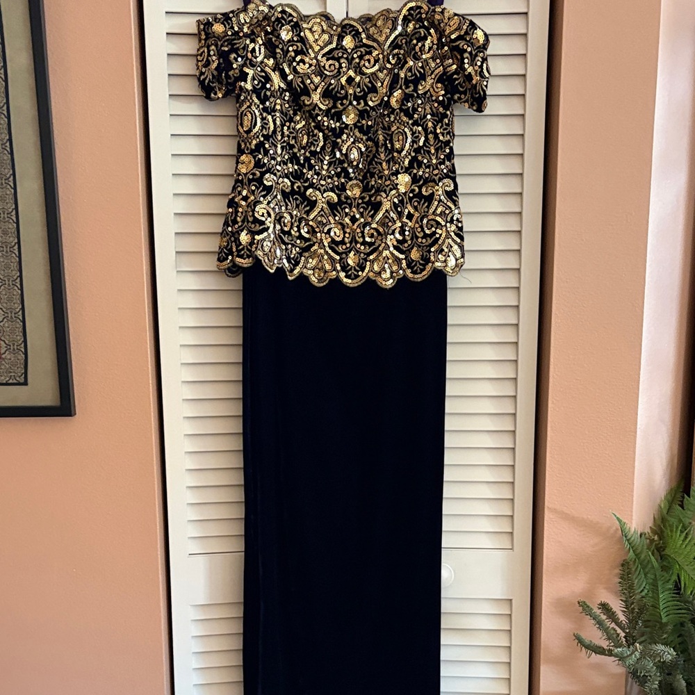 Elegant Navy Velvet and Gold Embroidered Dress